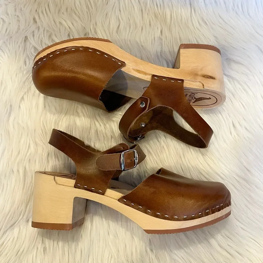 Kurier Charlie Mary Jane Clogs Leather High Heel Block Heel Wooden, Pecan Brown - Picture 9 of 14